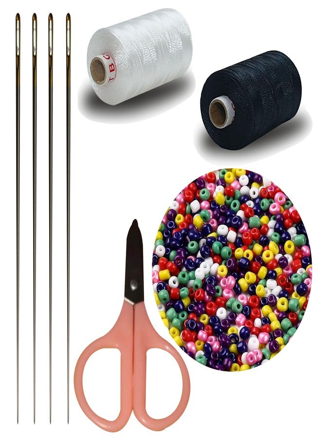 Domick 10 No 55MM 4 Pcs Stainless Steel Extra Long Beading Needle, 2.25 Inch Scissor 1 Pcs, 12 No Multicolor Beads 25 Grm, 2 Ply Nylon Thread 1000 Meter Black & White for Beading Jewellery and Craft Making, - Image 1